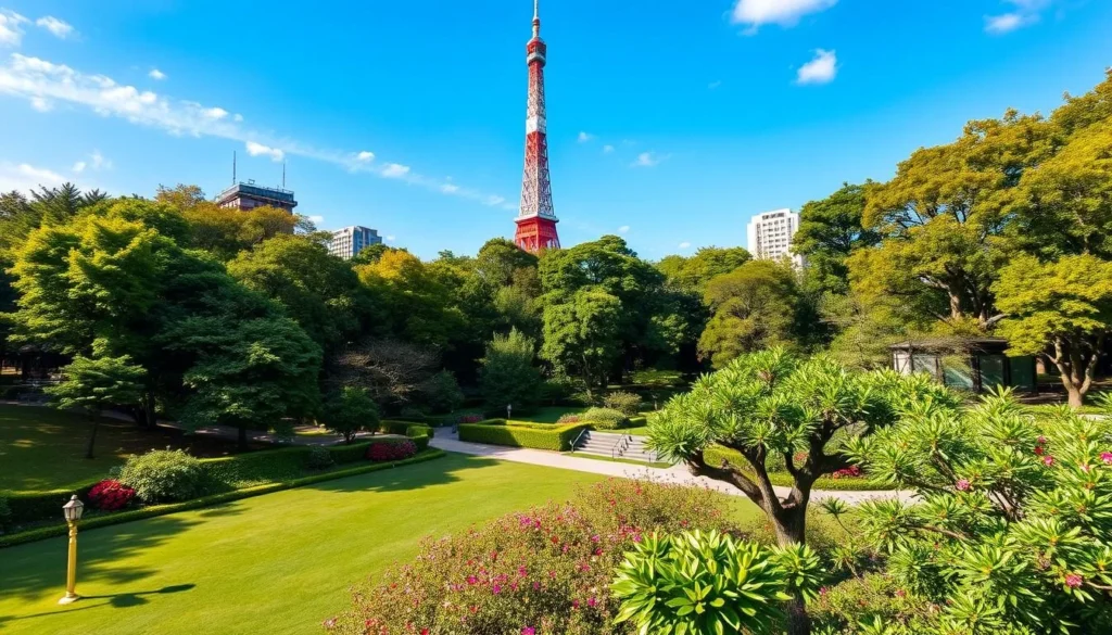 Generate an image of Shiba Park with Tokyo Tower in the background.
