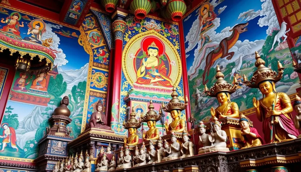Generate an image of Shisheng Temple's vibrant Tibetan Buddhist murals and statues.