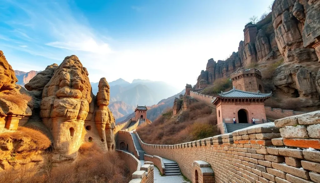 Generate an image of Shuidong Cave's stunning Yardang landforms and ancient Great Wall