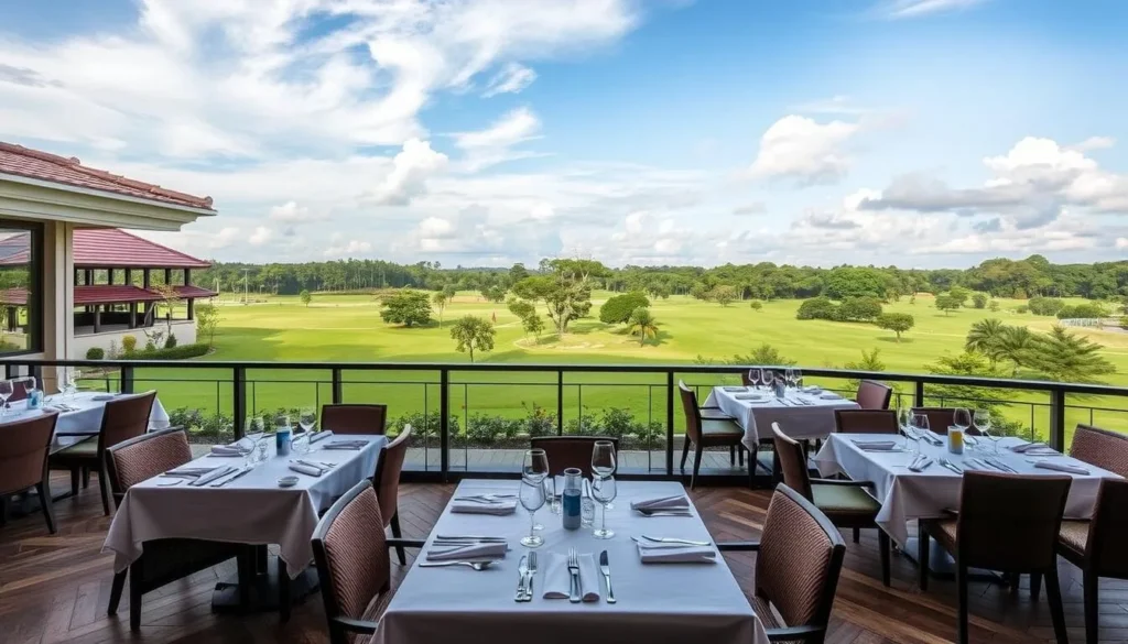 Generate an image of Silk restaurant at SICC Singapore, featuring its picturesque golfing green views.