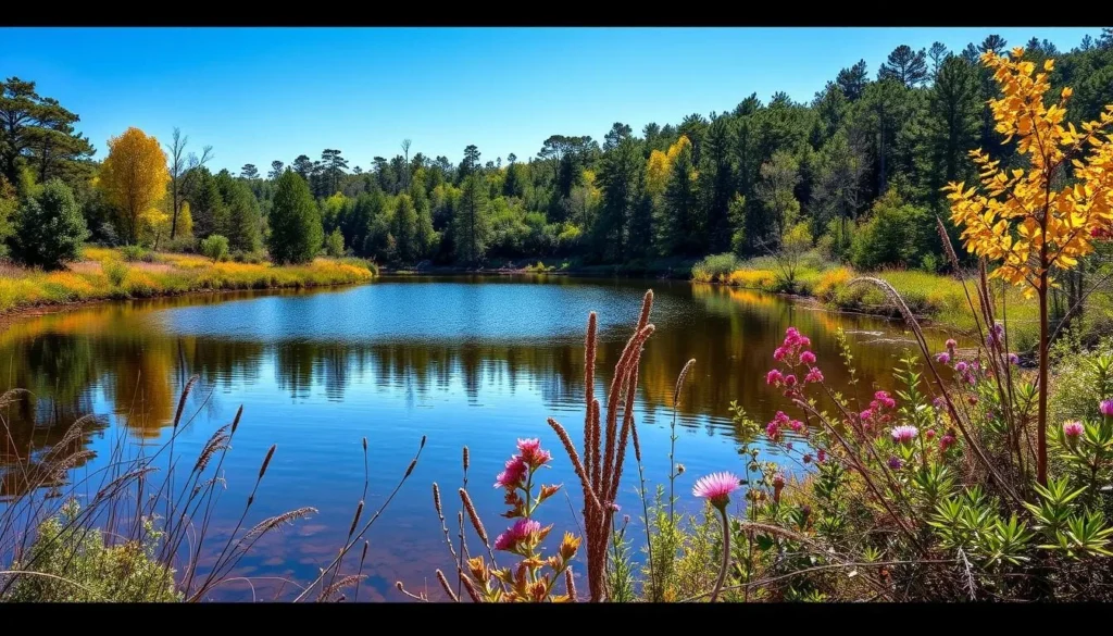 Generate an image of Silver Lake Preserve showcasing its lake and surrounding flora.
