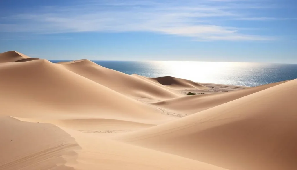 Generate an image of Sleeping Bear Dunes National Lakeshore with towering sand dunes and Lake Michigan in the background.
