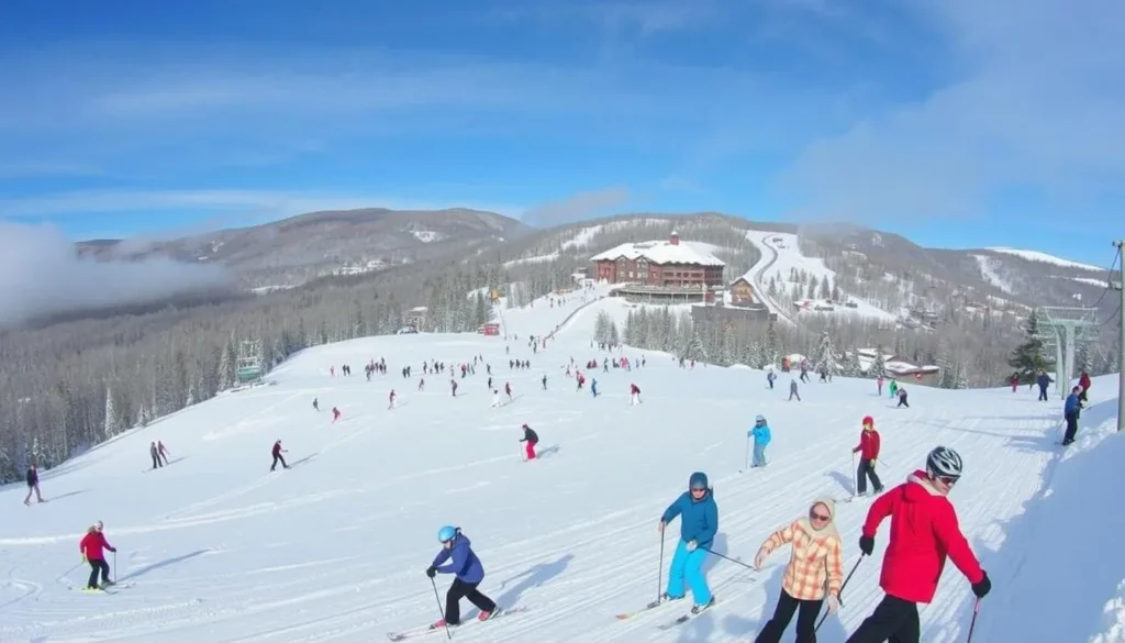 Generate an image of Snowshoe Mountain Resort with snow-covered slopes and skiers in action.