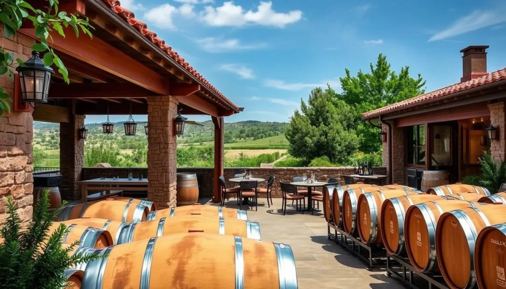 Generate an image of Solterra Winery & Kitchen's Mediterranean-inspired setting with wine barrels and a tasting area.