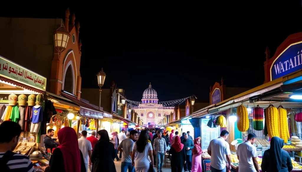 Generate an image of Souq Waqif at night, with vibrant lights and people enjoying the atmosphere.
