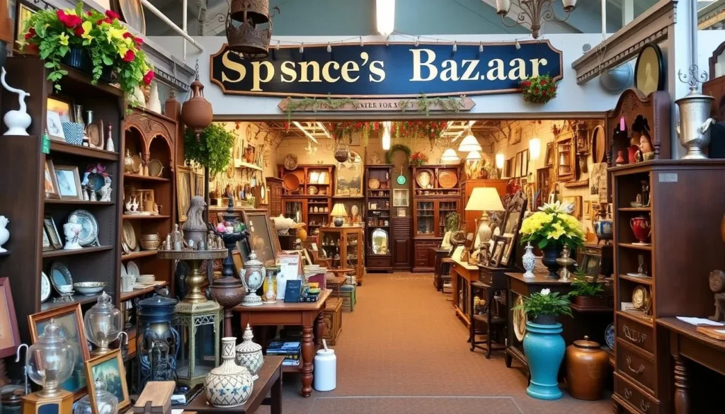 Generate an image of Spence's Bazaar in Dover, Delaware, showcasing its vast array of antiques and collectibles.