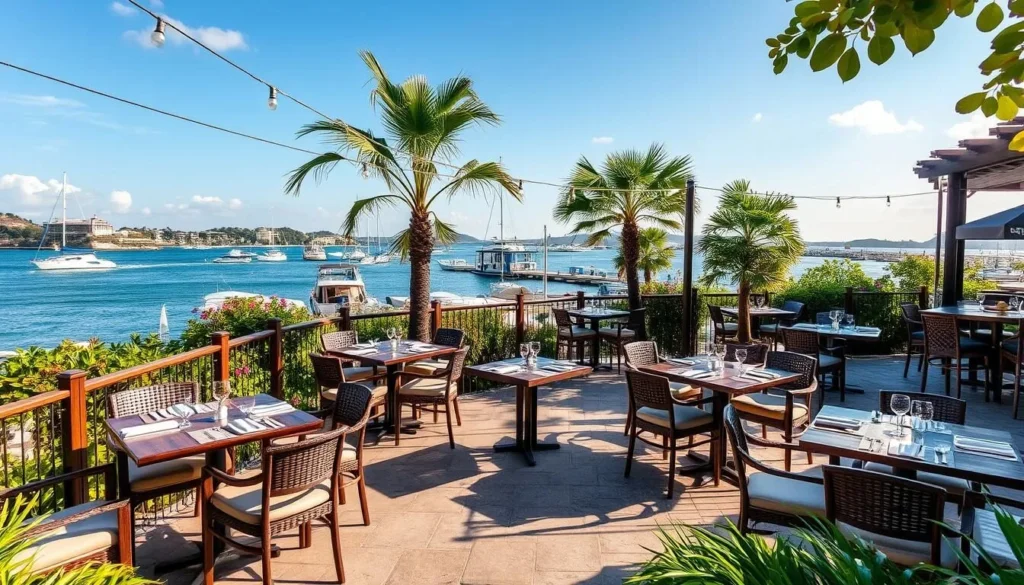 Generate an image of Spice Mill Restaurant's outdoor seating area with a view of the bay.