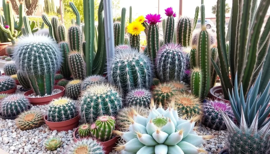Generate an image of Square Bir Hakeim's cactus garden, showcasing diverse cacti and succulents.