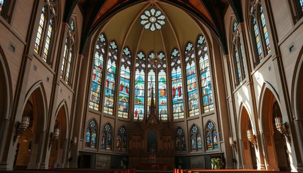 Generate an image of St John the Evangelist Church's interior, highlighting its stunning stained-glass windows and serene atmosphere.
