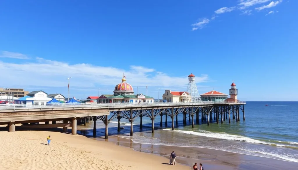 Generate an image of St Kilda Beach and Pier with the historic amusement park Luna Park in the background.