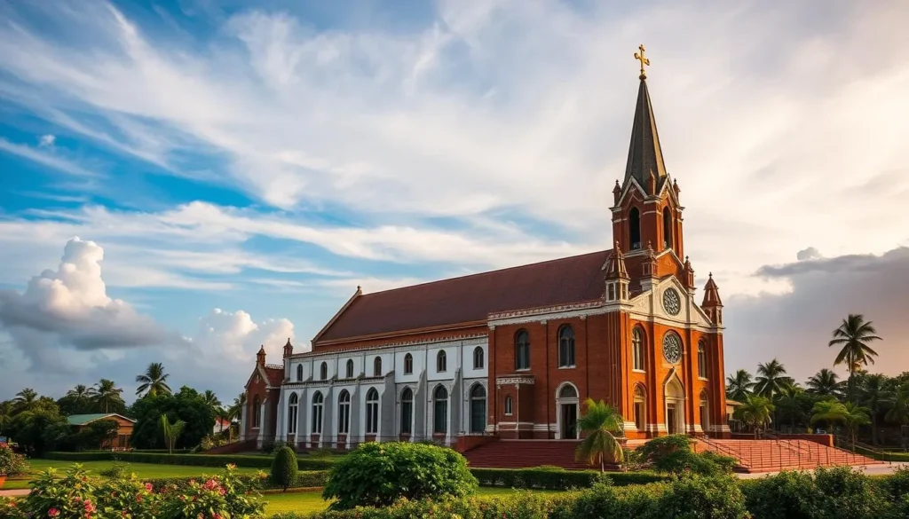 Generate an image of St. Michael's Cathedral in Libreville, Gabon, showcasing its unique architecture and beautiful surroundings.