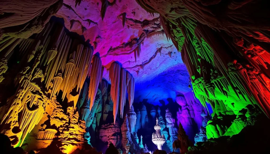 Generate an image of St. Michael's Cave with its stunning stalactites and stalagmites illuminated by colorful lights.