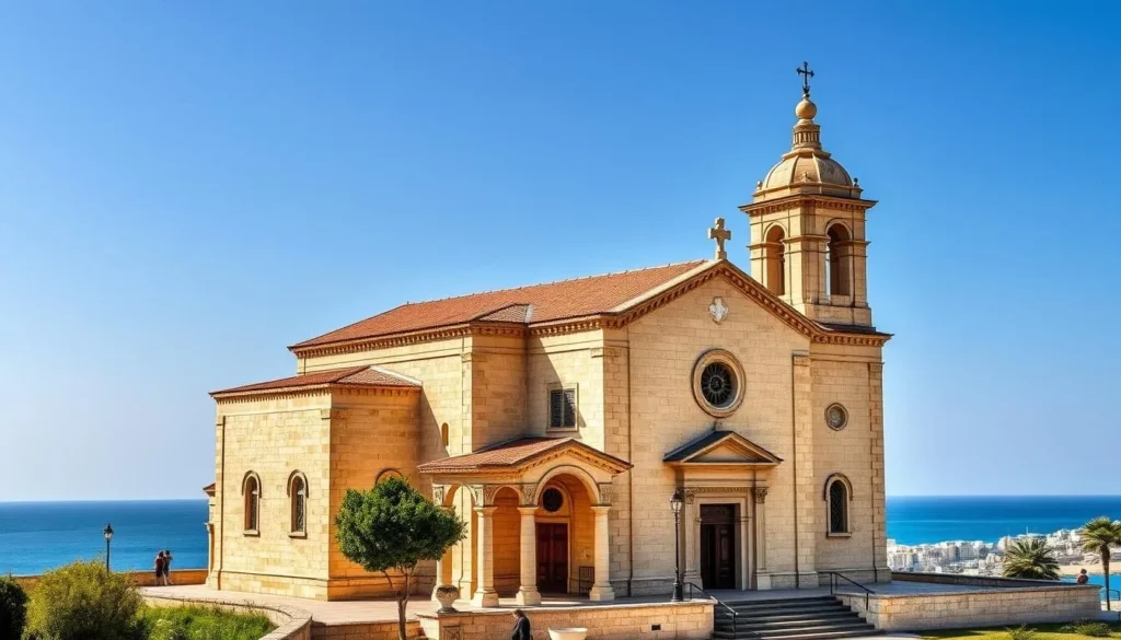 Generate an image of St. Peter's Church in Jaffa, Israel, showcasing its 18th-century architecture and scenic Mediterranean views.