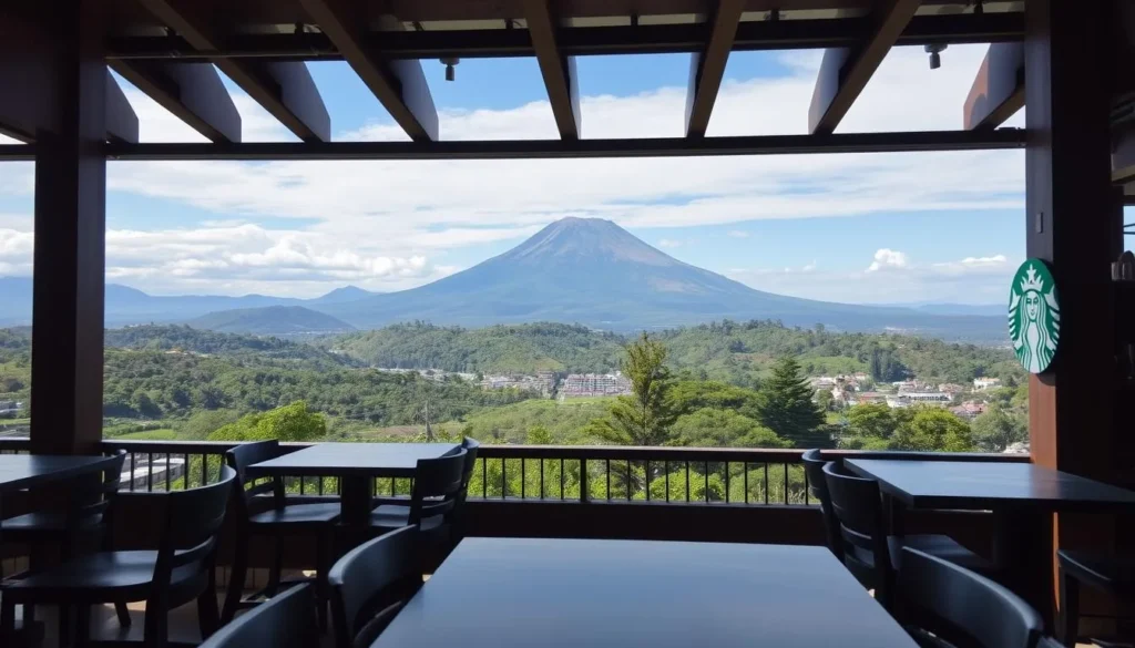 Generate an image of Starbucks Tagaytay with a view of Taal Volcano