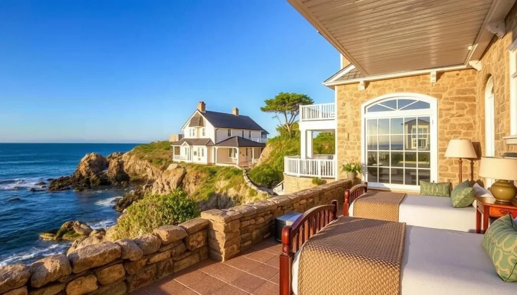 Generate an image of Stone House Inn, featuring its coastal location and stylish suites.
