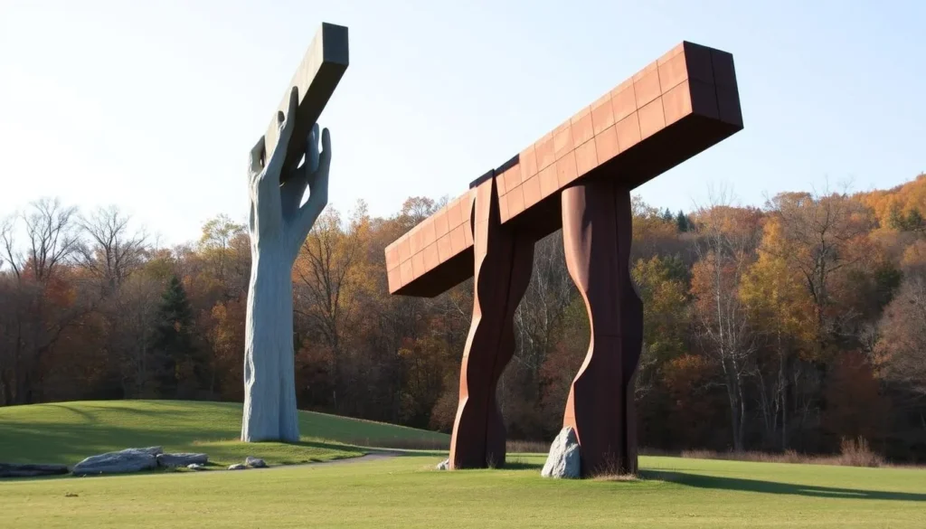 Generate an image of Storm King Art Center's grounds, highlighting its large-scale sculptures amidst the natural scenery.