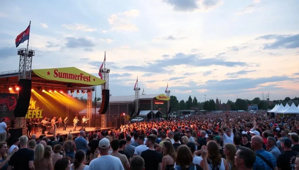Generate an image of Summerfest with multiple stages and a crowd enjoying live music.