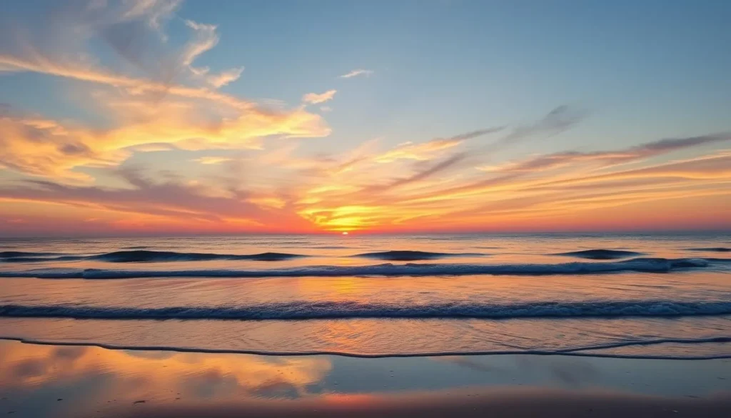 Generate an image of Sunset Beach during sunset, highlighting its serene atmosphere.