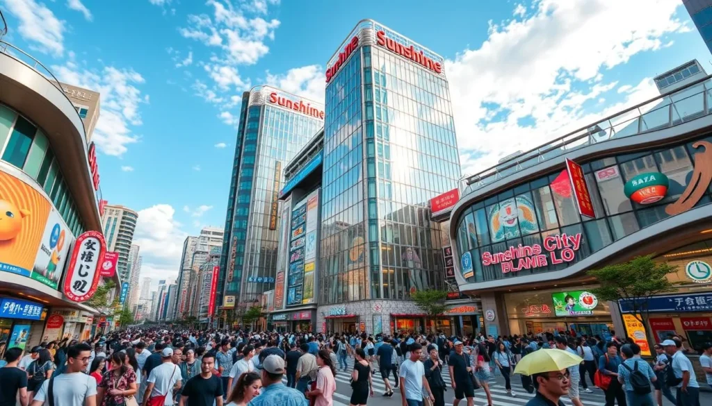 Generate an image of Sunshine City, a large complex in Higashi-Ikebukuro, Tokyo, with its distinctive architecture and bustling atmosphere.