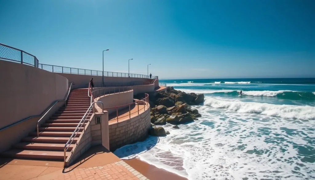 Generate an image of Swami's Beach with its distinctive staircase access and surfers.
