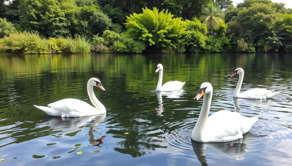 Generate an image of Swan Lake with swans gliding on the water, surrounded by lush greenery.