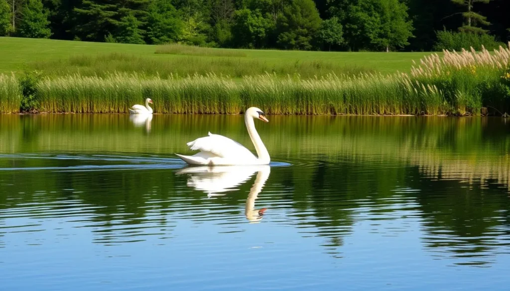 Generate an image of Swan Lake within the Rockefeller State Park Preserve.