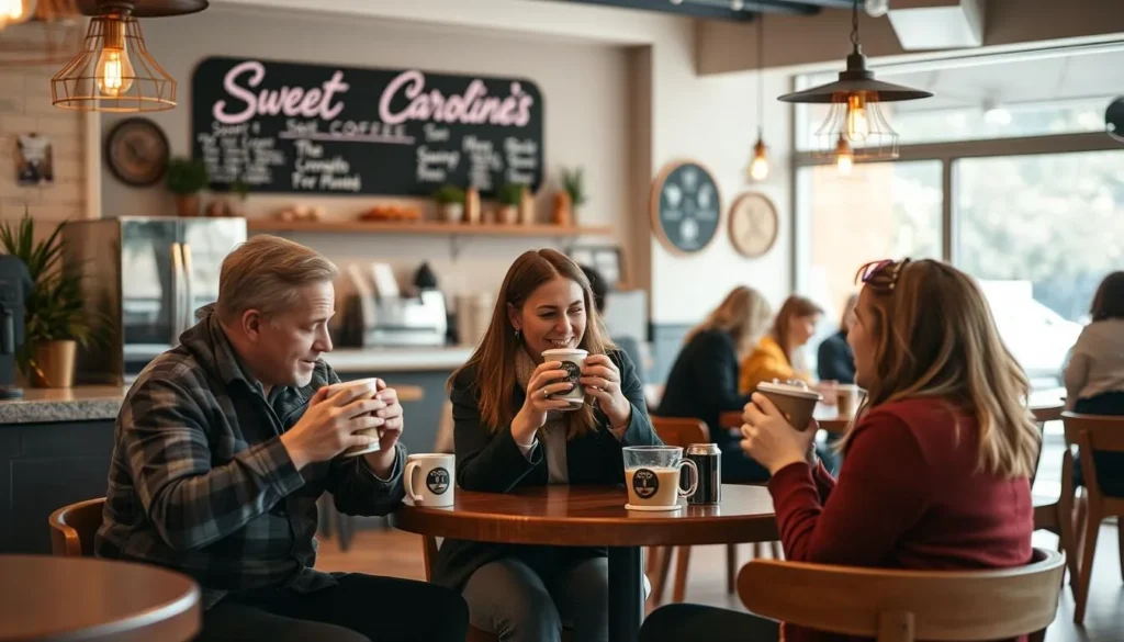 Generate an image of Sweet Caroline's Coffee's cozy interior, with customers enjoying expertly crafted coffee beverages.