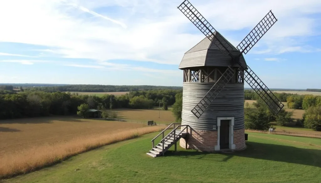 Generate an image of Sylvester Manor Educational Farm's historic windmill and surrounding landscape.