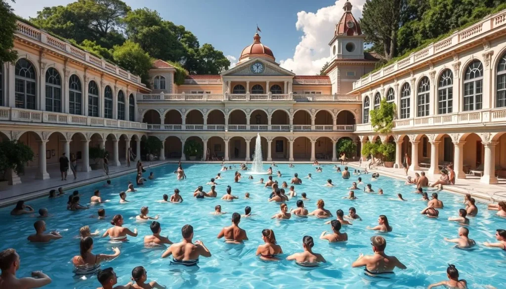 Generate an image of Széchenyi Thermal Bath's grand pool area with people swimming and relaxing.