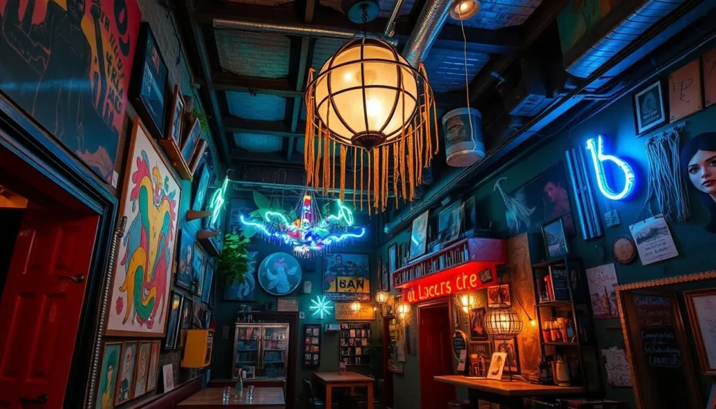 Generate an image of Szimpla Kert's interior, highlighting its quirky art installations and eclectic atmosphere.