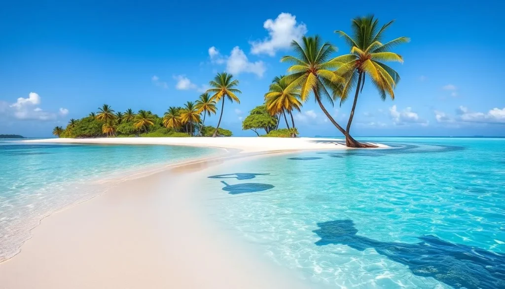 Generate an image of Tahiti Beach with a sandbar extending into the water. Generate an image of Tahiti Beach with a sandbar extending into the water.