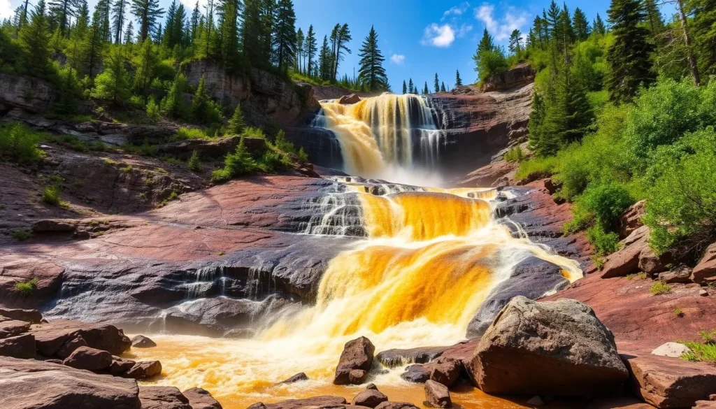 Generate an image of Tahquamenon Falls with its distinctive amber-colored water cascading down the rocky terrain.