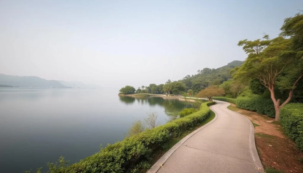 Generate an image of Taishan Lake with serene surroundings and a leisurely path.
