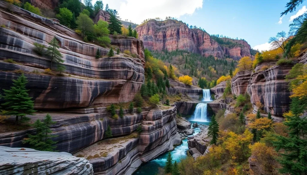 Generate an image of Tallulah Gorge State Park's stunning canyon and waterfalls.