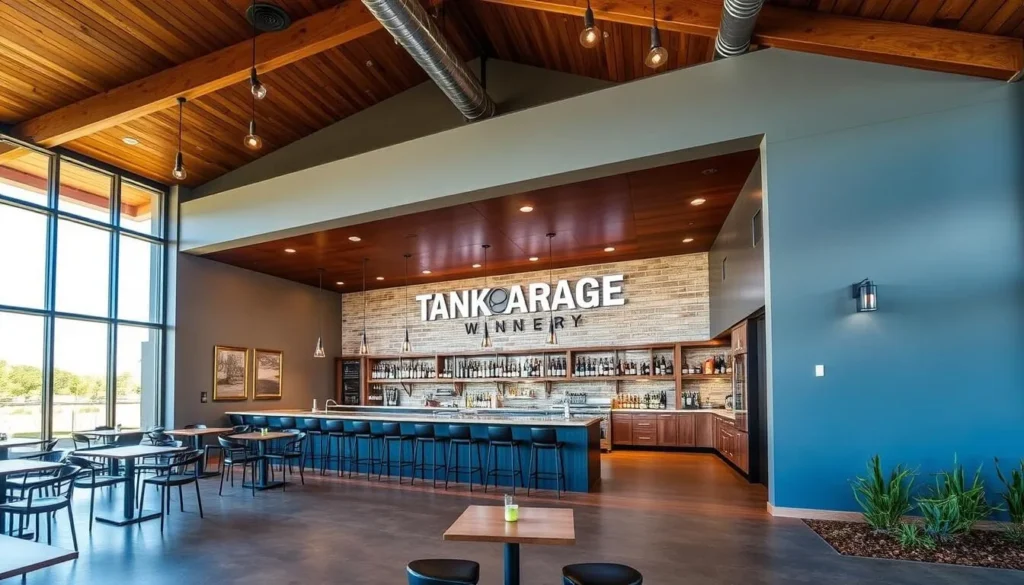 Generate an image of Tank Garage Winery's modern tasting room with a unique architectural design.