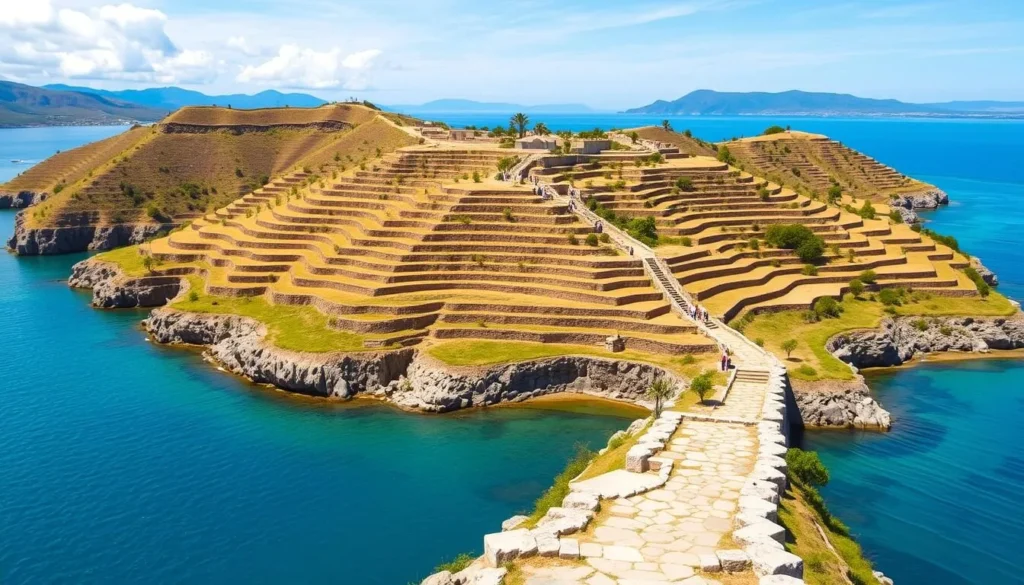 Generate an image of Taquile Island with its picturesque agricultural terraces and stone pathways surrounded by the deep blue waters of Lake Titicaca.