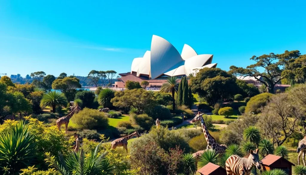 Generate an image of Taronga Zoo with the Sydney Opera House in the background.