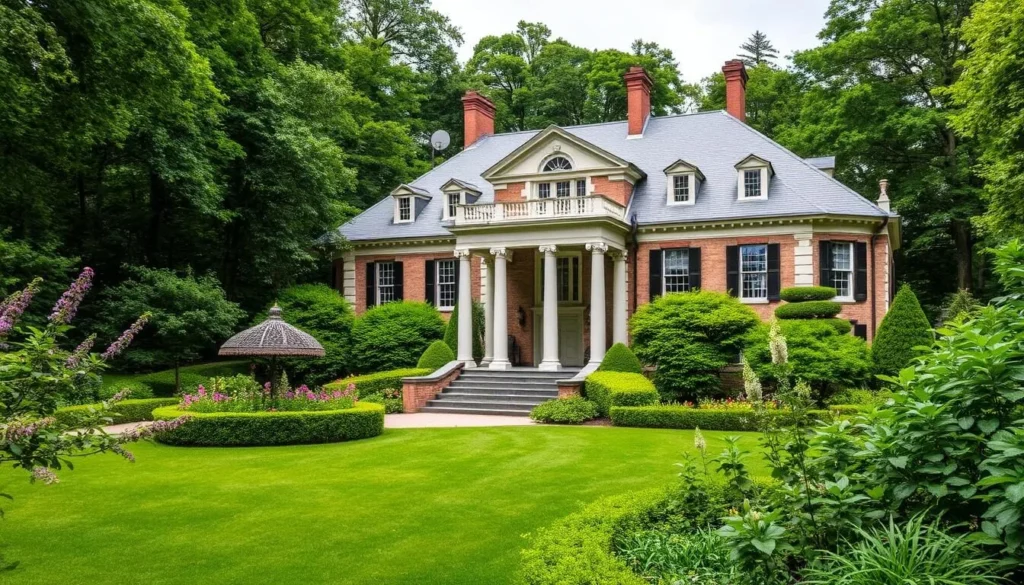 Generate an image of Tarrywile Park & Mansion in Danbury, CT, showcasing its historic buildings and beautiful gardens.