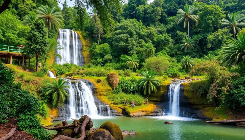 Generate an image of Tasek Lama Recreational Park with lush greenery and a waterfall.