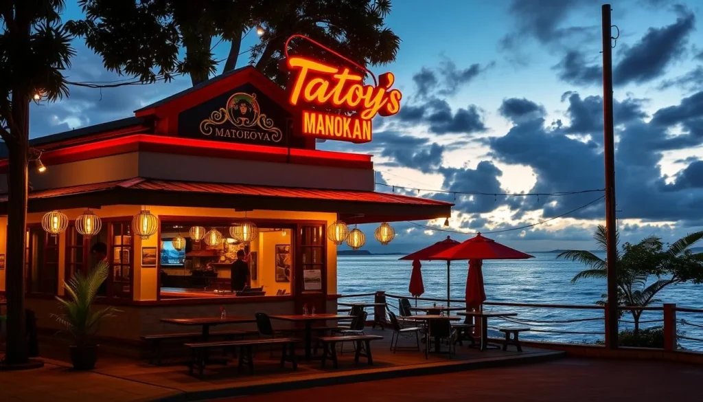 Generate an image of Tatoy's Manokan restaurant exterior with a scenic view of Iloilo Strait.