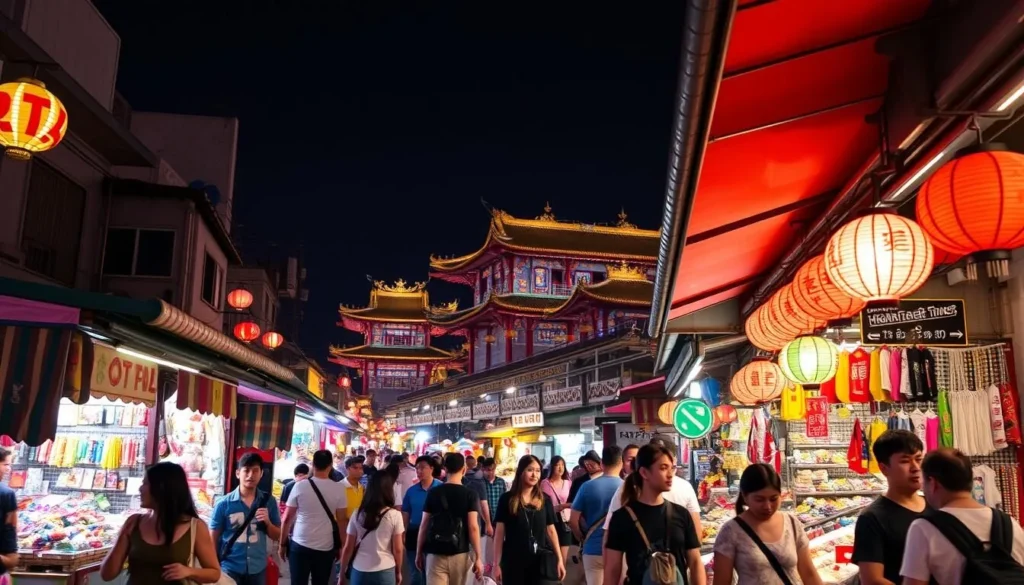 Generate an image of Temple Street Night Market at night with vibrant stalls and shoppers.