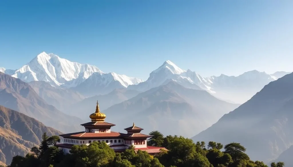 Generate an image of Tengboche Monastery surrounded by mountains