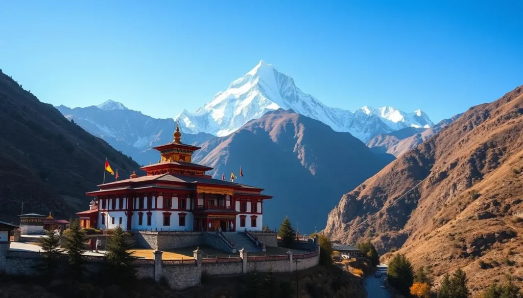 Generate an image of Tengboche Monastery with Mount Everest in the background.