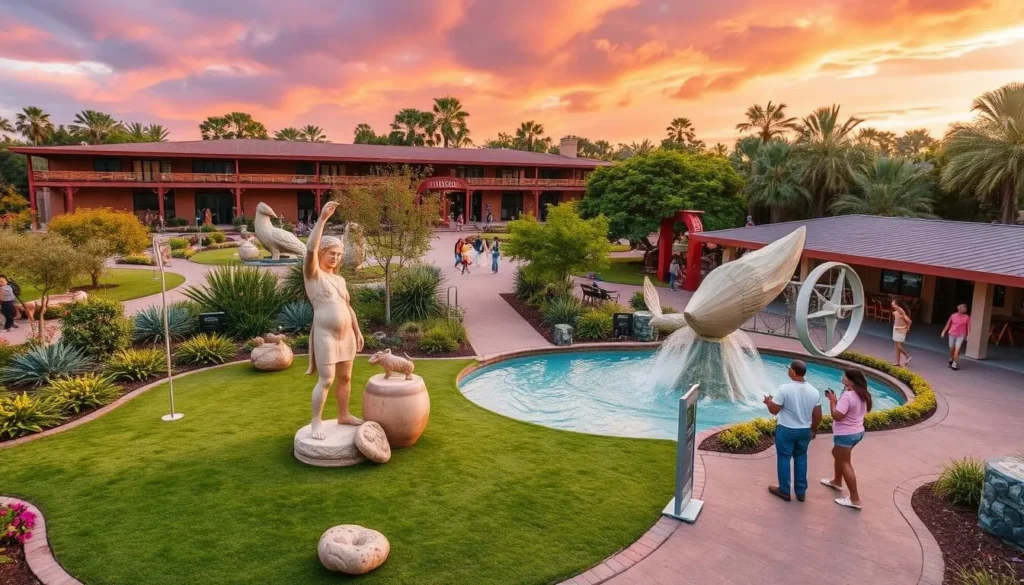 Generate an image of Terra Studios, showcasing its sculpture gardens and interactive art installations.