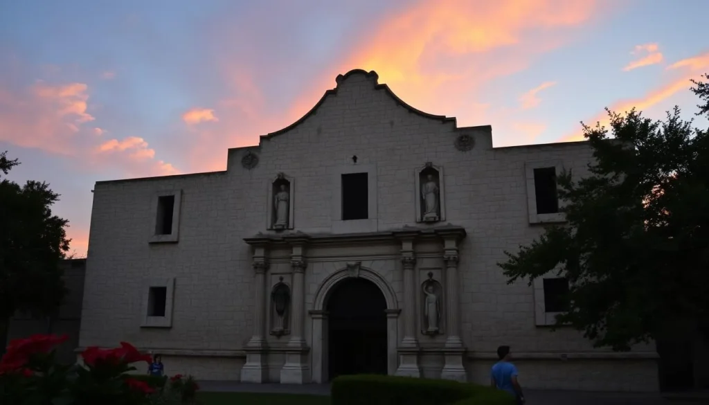 Generate an image of The Alamo's facade at sunset.
