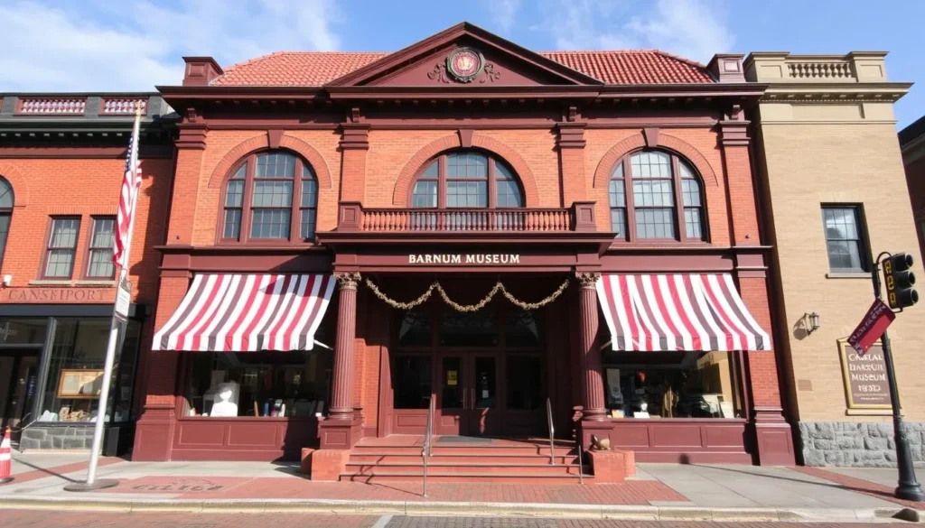 Generate an image of The Barnum Museum in Bridgeport, CT, showcasing its unique architecture and historical exhibits.