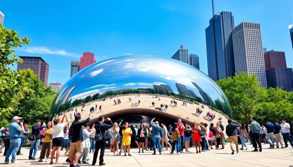 Generate an image of "The Bean" in Millennium Park with people taking photos.