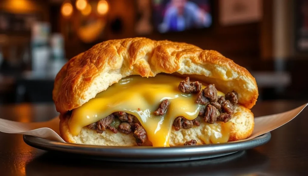 Generate an image of The Biscuit Bar's signature Philly Cheesesteak Biscuit.