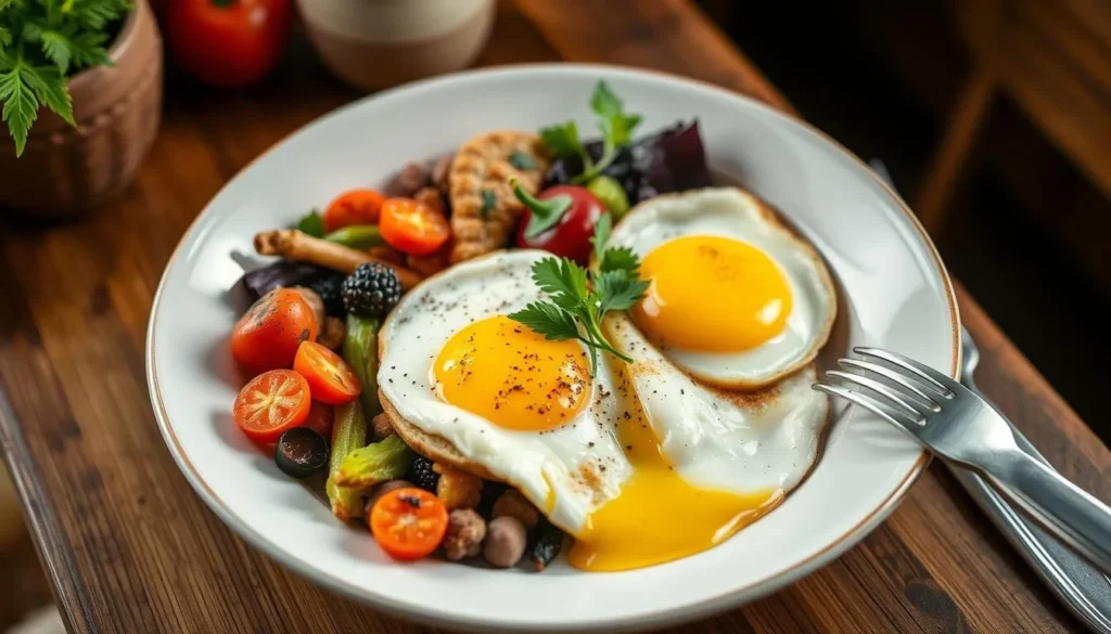 Generate an image of The Bruncheonette's farm-to-table breakfast dish, featuring fresh ingredients and a cozy atmosphere.