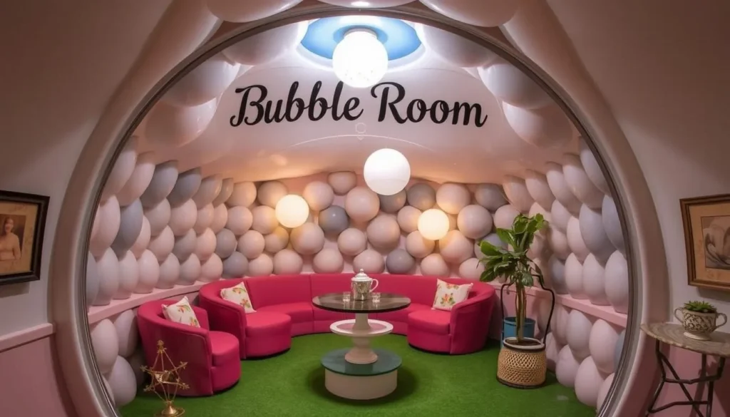 Generate an image of The Bubble Room's exterior or interior, showcasing its unique décor.